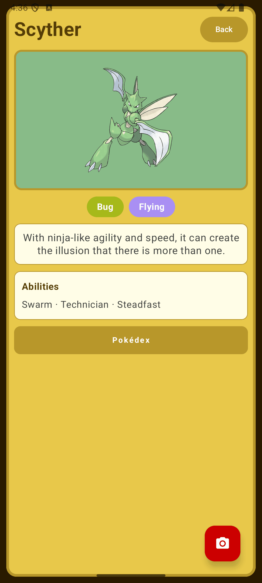 Photograph of Detail screen for Scyther showing the app's stylized Pokédex-themed Compose layout, type badges, flavor text, abilities, and camera shortcut.