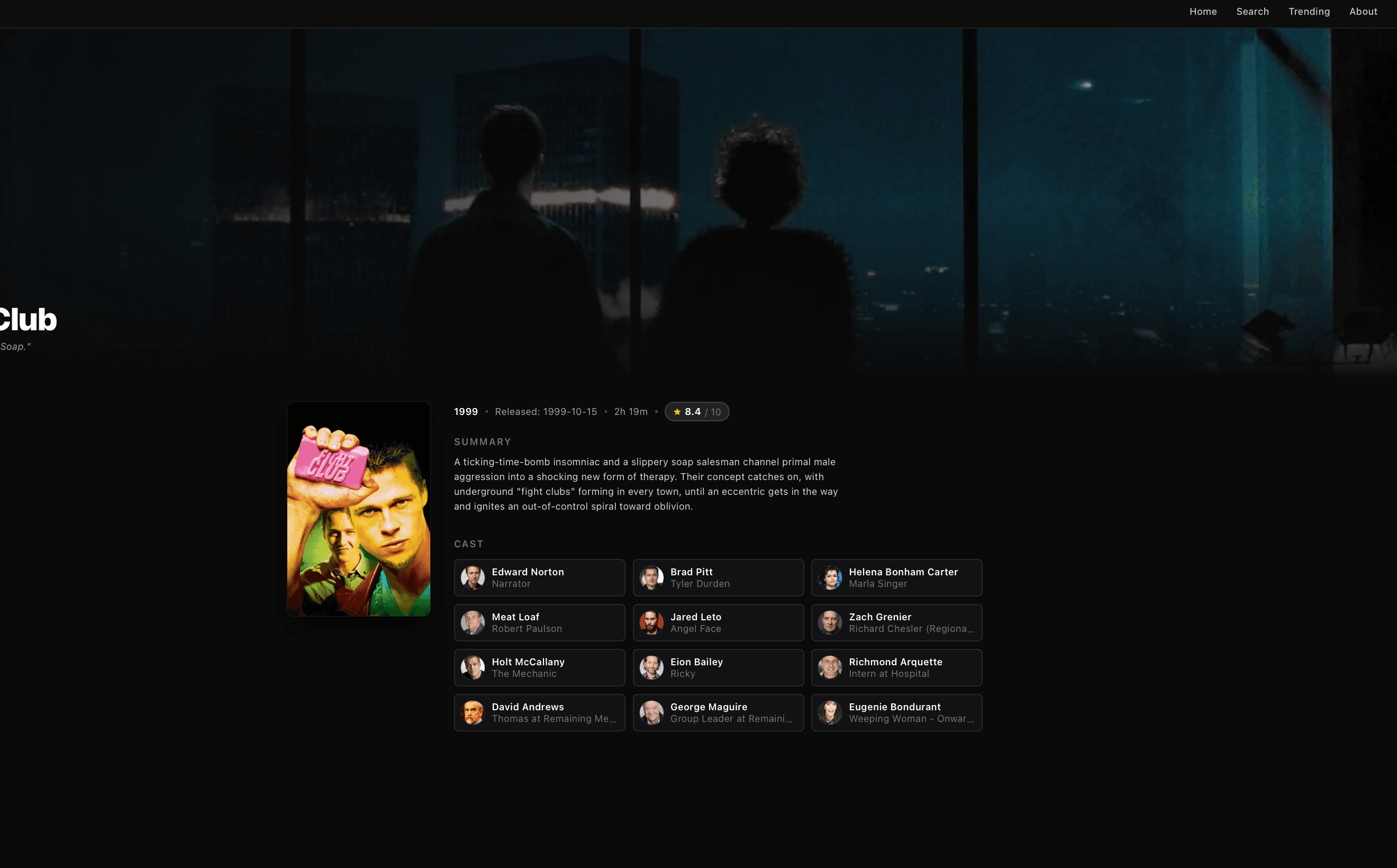 Photograph of Movie detail page for Fight Club with a cinematic hero backdrop, summary, metadata, and cast cards.