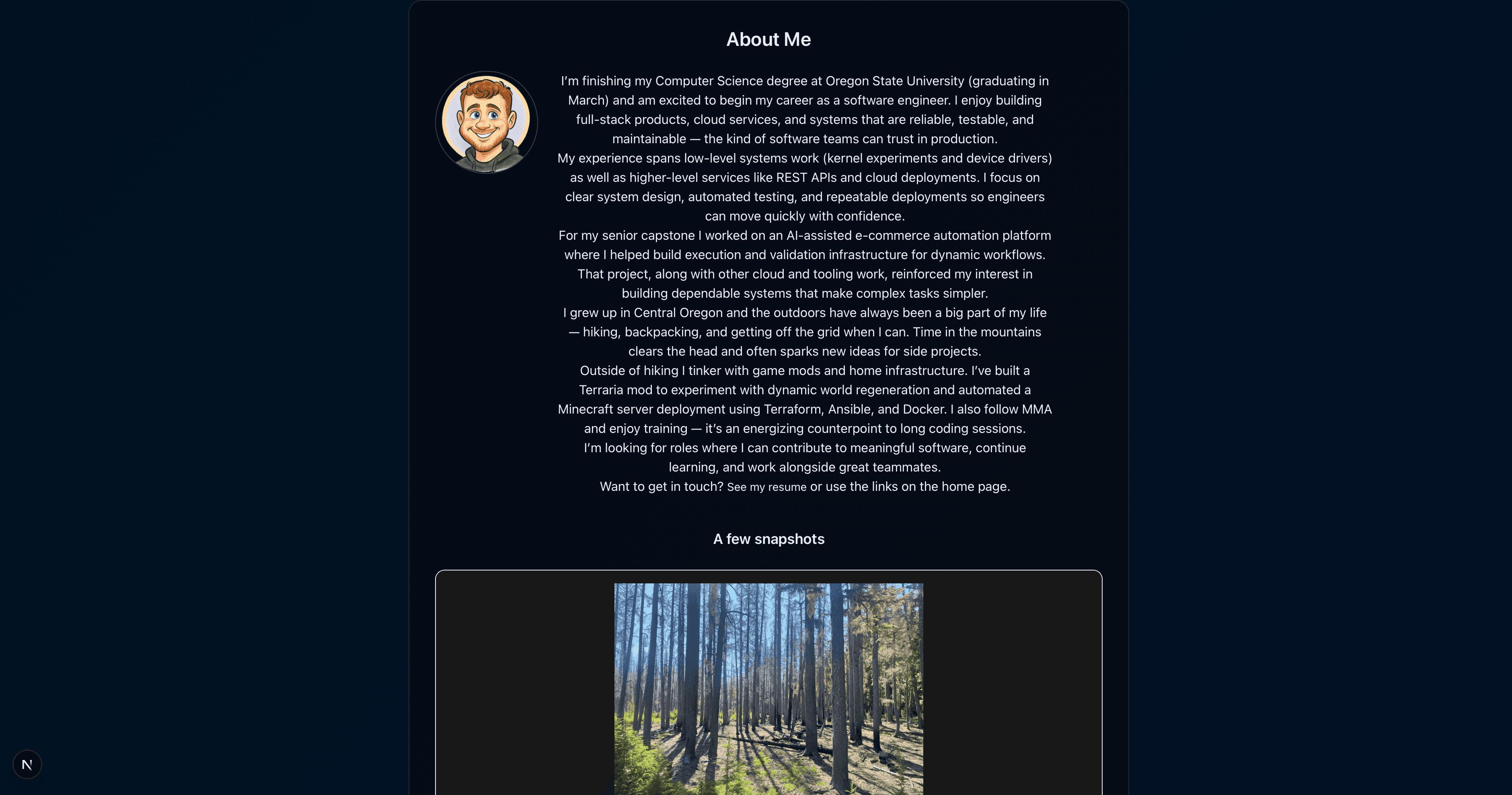 Photograph of About page — personal bio, skills summary, and contact links.