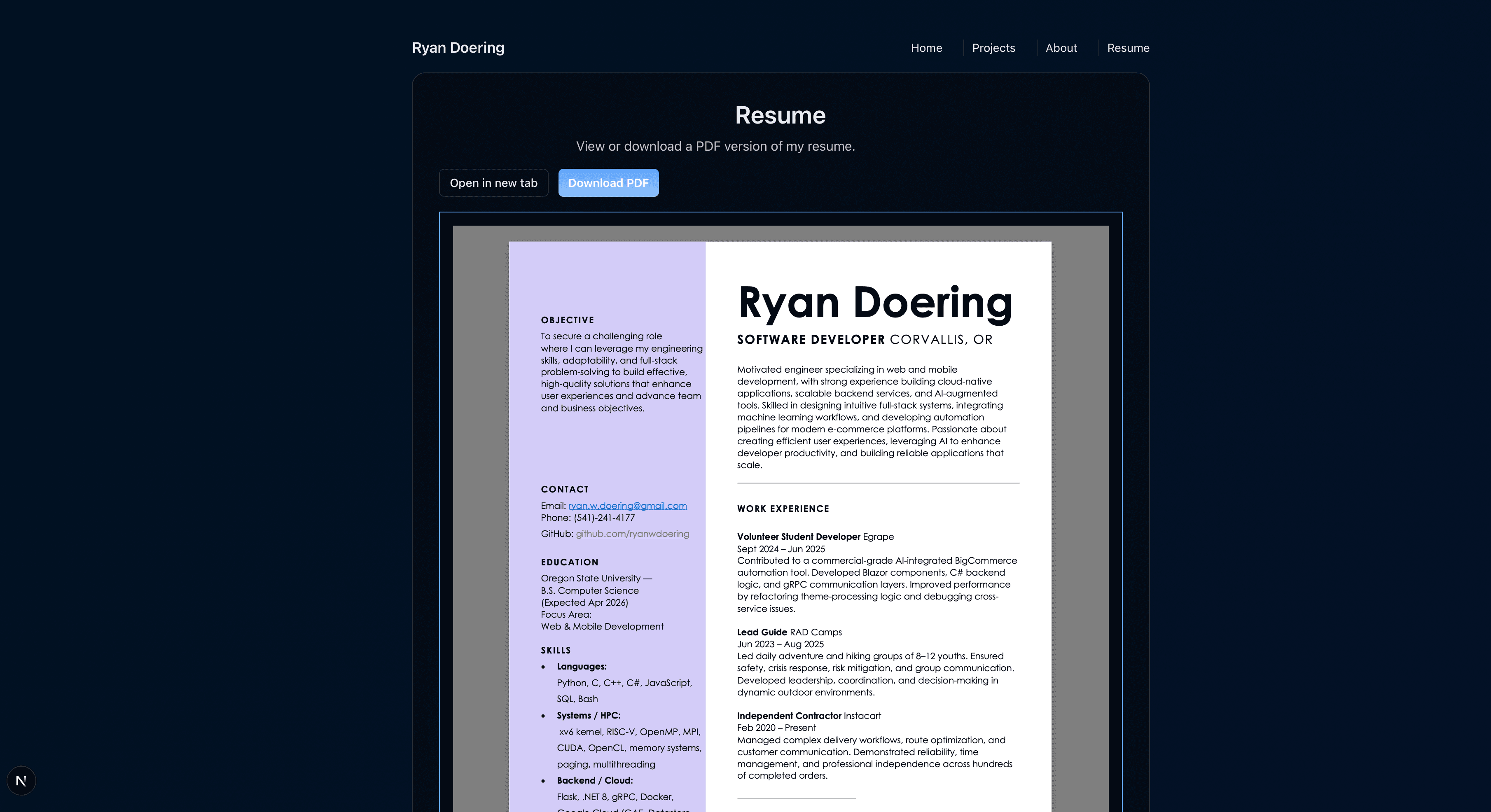 Photograph of Resume preview — embedded résumé PDF providing experience and education highlights.