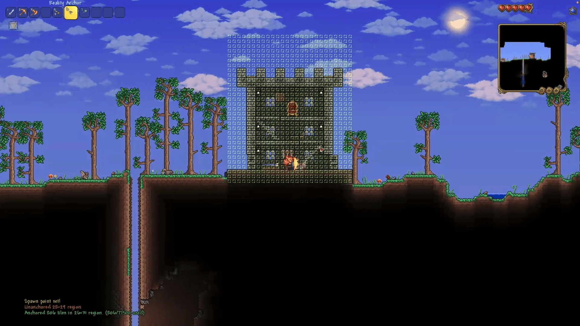 Actual Dynamic Worlds gameplay: the Reality Anchor marks a castle for preservation before regeneration. Still from the project recording at 01:00.