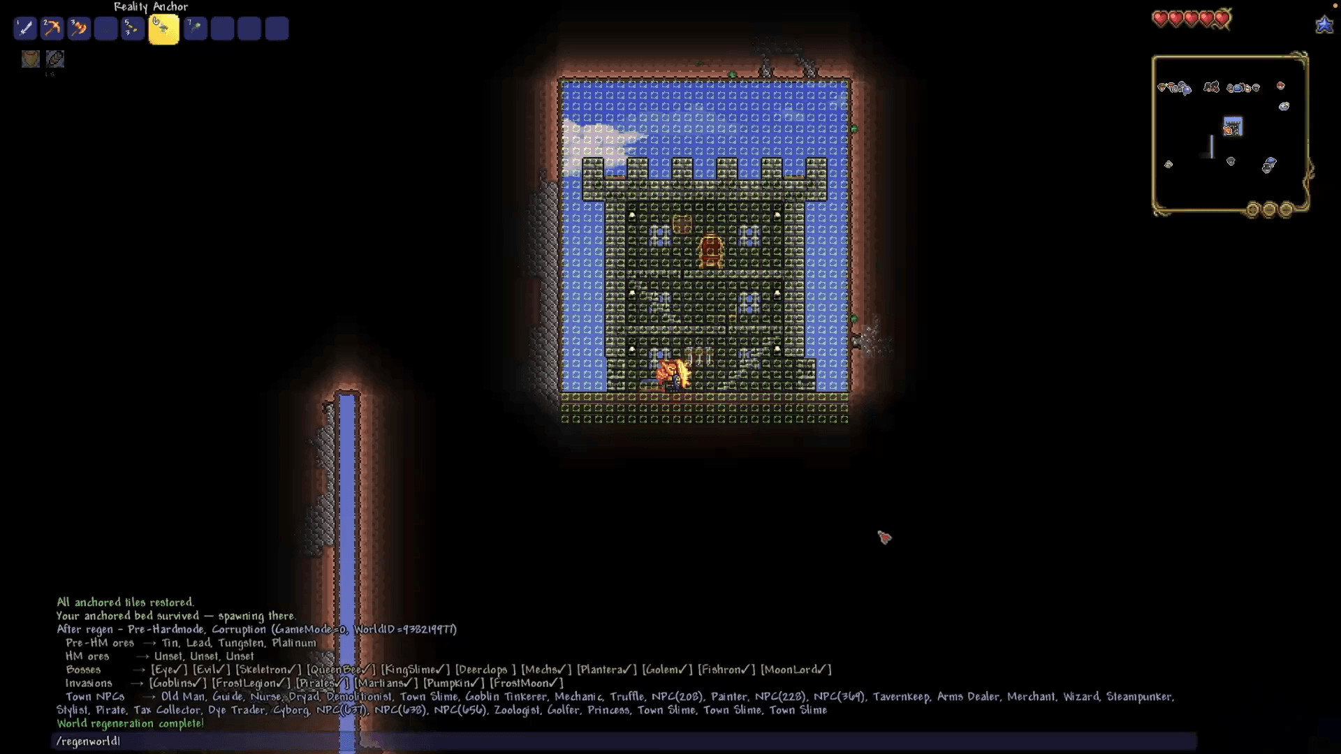 The same anchored castle restored after world regeneration, with completion messages visible. Still from the same recording at 01:30.