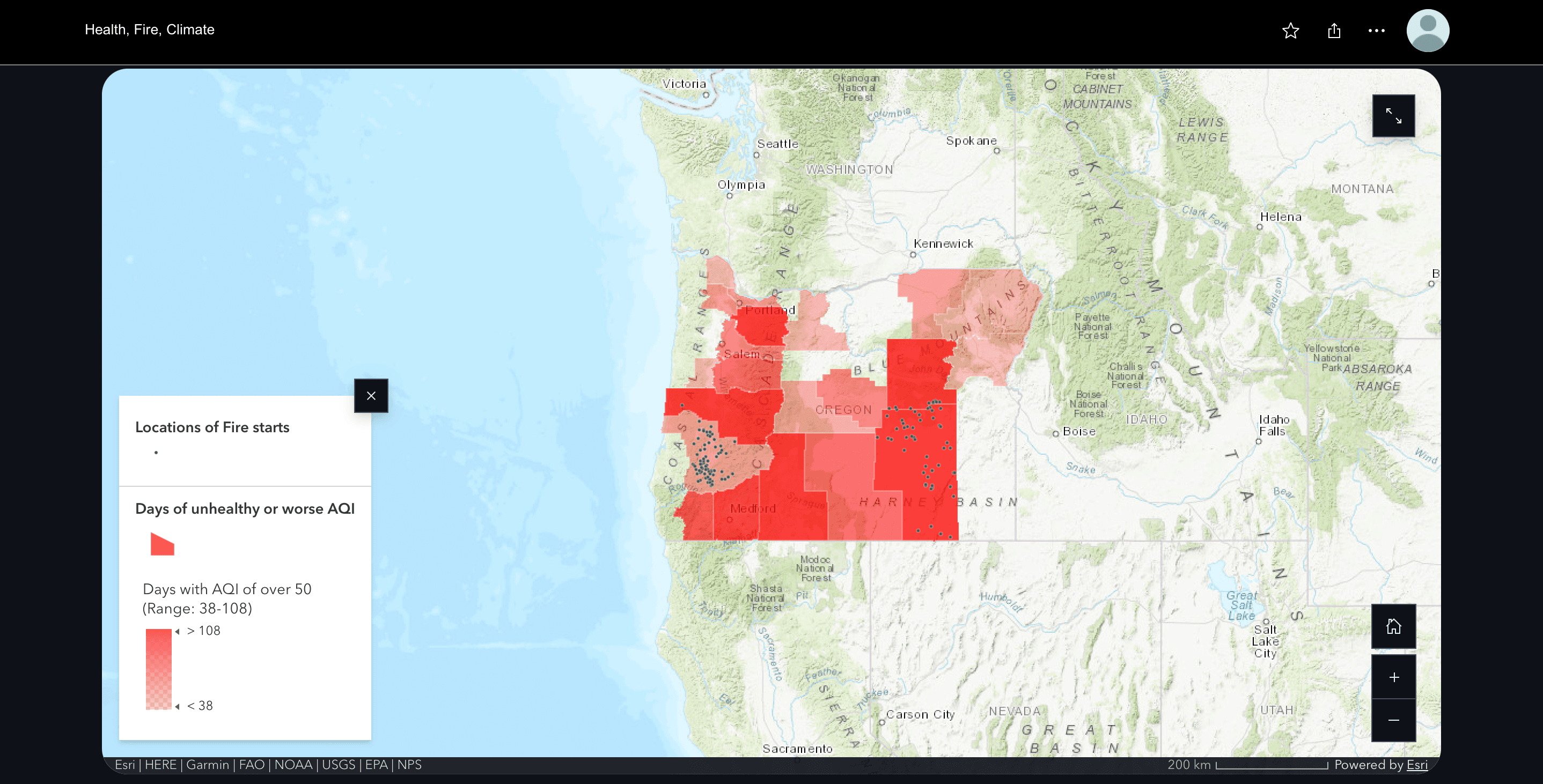 Photograph of ArcGIS map view from the Health, Fire, Climate StoryMap showing fire-start locations alongside unhealthy-air-quality patterns across Oregon.