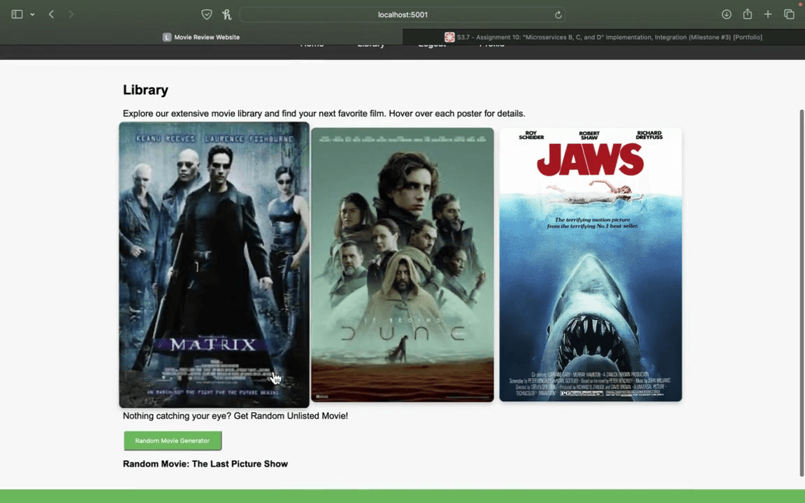 Actual Movie Review Website library and random-movie result, captured from the existing project demo at 03:15.