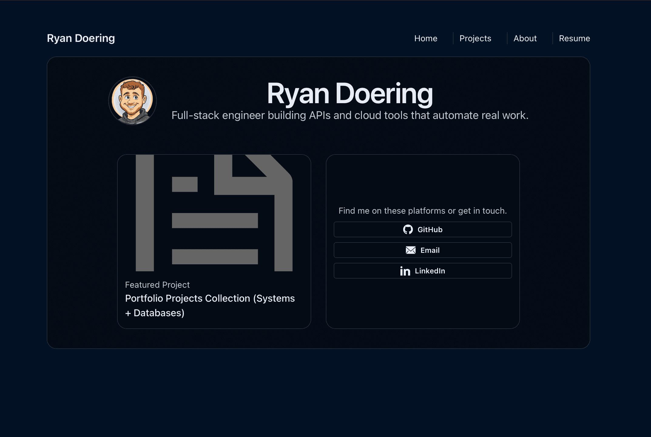 Photograph of Portfolio home — hero section with a brief introduction and primary links to projects and resume.