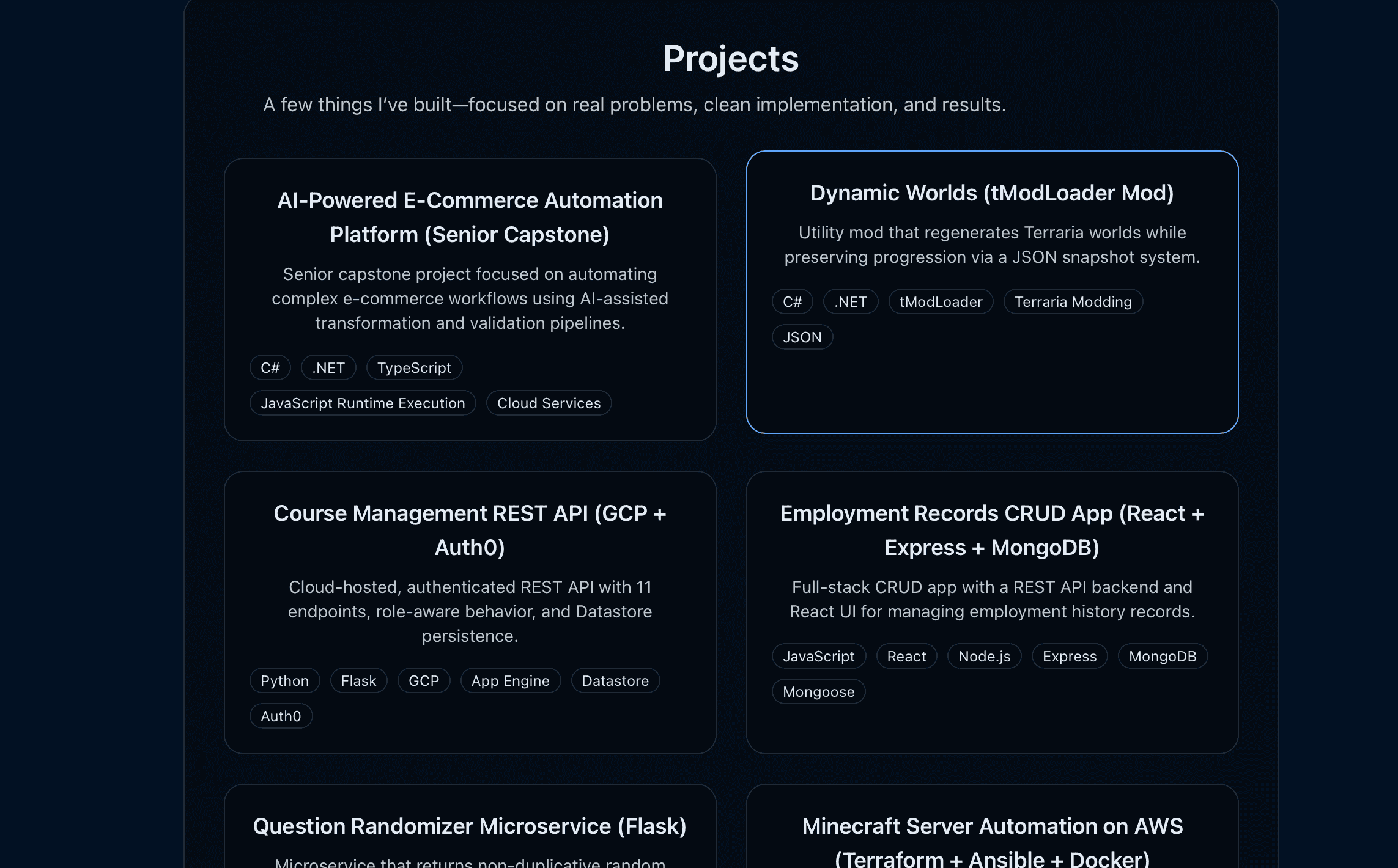Photograph of Projects list — grid of featured projects with short summaries and tech tags.